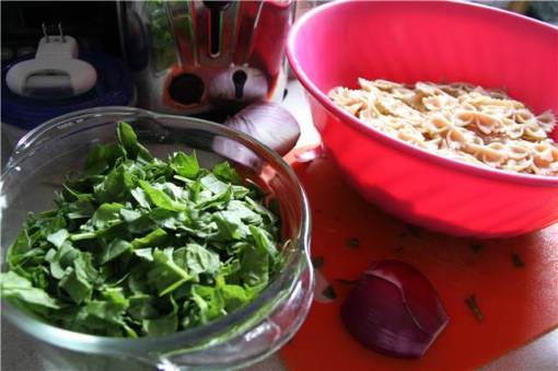 some of the main ingredients for the pasta salad: bow tie pasta, spinach, red onion.